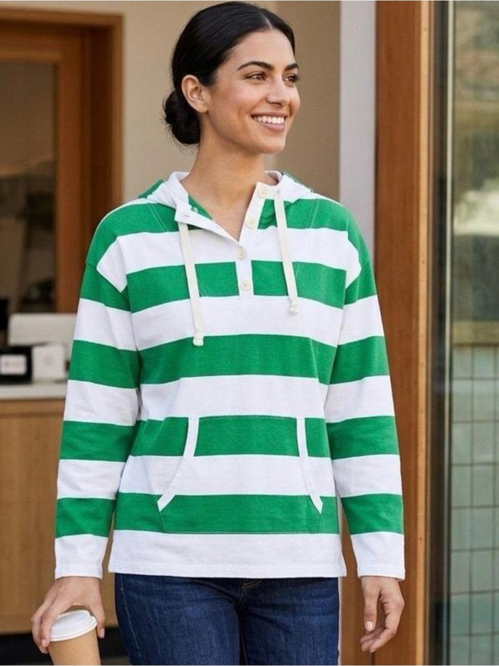 J. Crew Women’s Kelly Green/White Striped Cotton Rugby Hoodie Size Large
